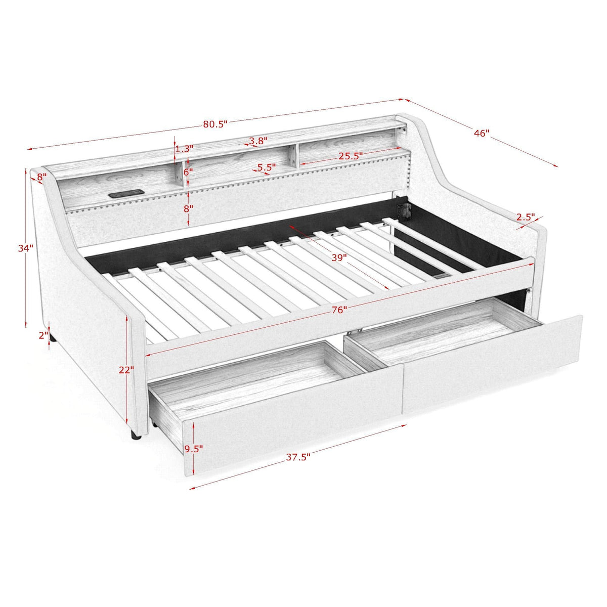 Twin beige upholstered storage bed with LED lights and drawers HouseOfZazla on Tampa Home & Garden Store