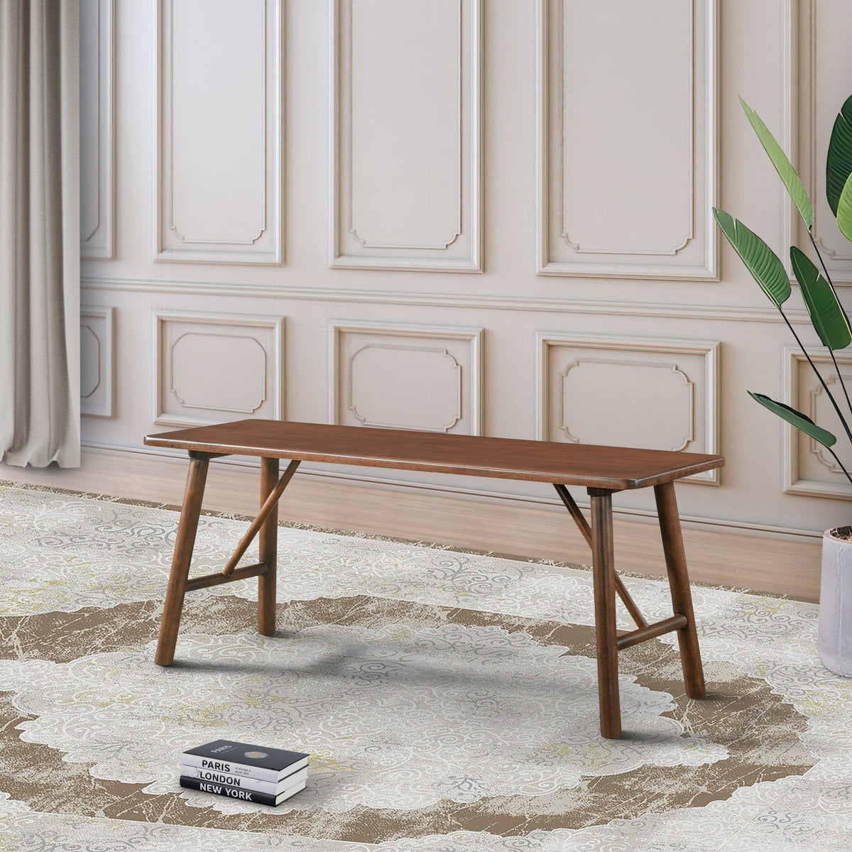Walnut brown solid wood mid-century accent bench by HouseOfZazla with tapered legs on Tampa Home & Garden Store