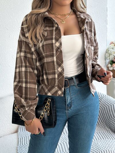 Classic plaid button-up long sleeve jacket for women, brown tones, Stevvex everyday wear on Tampa Home & Garden Store