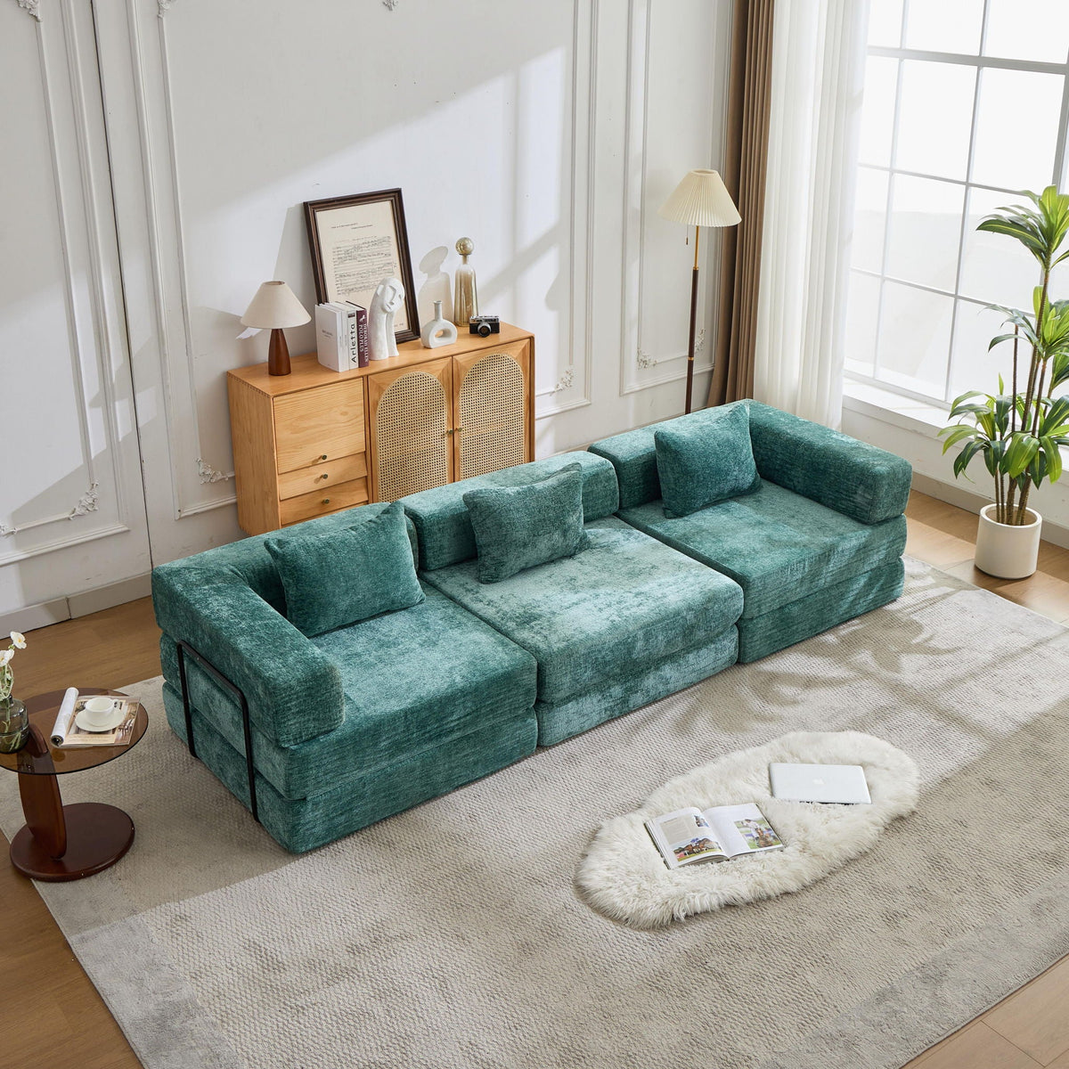 Convertible floor sofa bed HouseOfZazla boneless modular futon in teal upholstery living room on Tampa Home & Garden Store