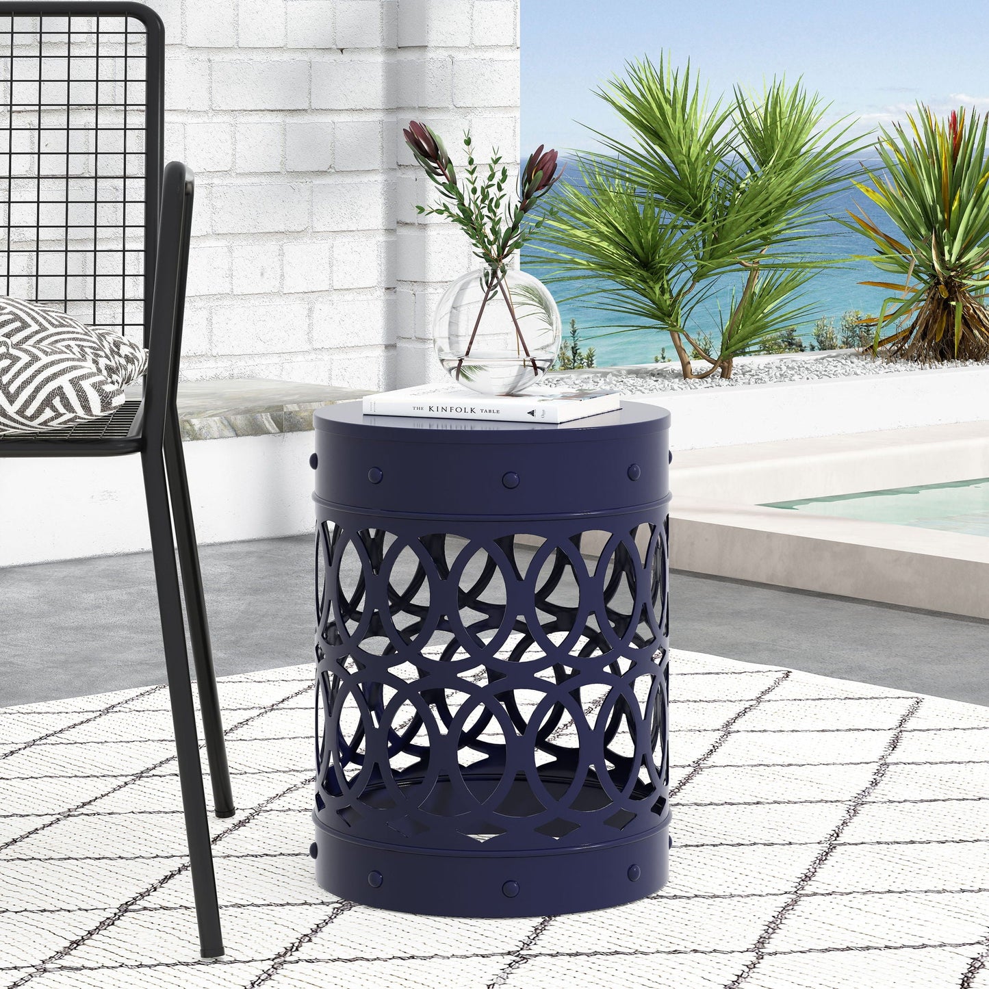 Large Outdoor Metal End Table with Floral Cut