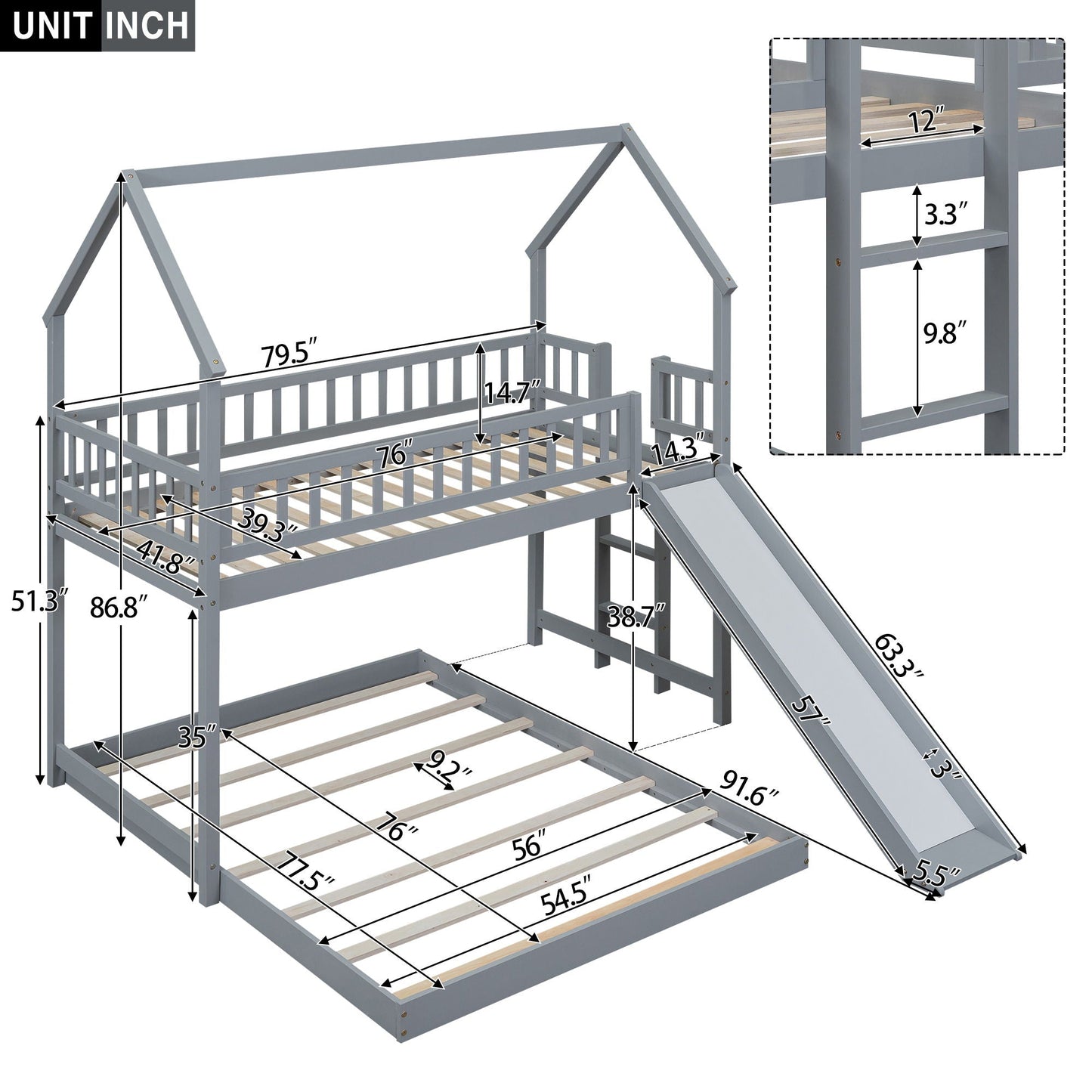 House Bunk Bed With Slide And Built In Ladder gray finish by HouseOfZazla on Tampa Home & Garden Store