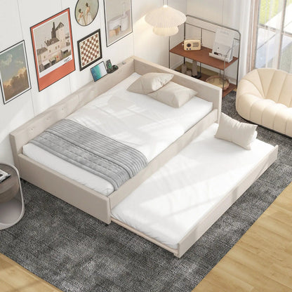 White platform bed with USB ports, twin trundle setup, modern bedroom by Unique Piece Furniture on Tampa Home & Garden Store