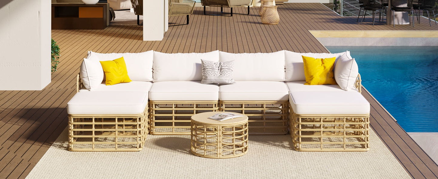 All-Weather 7-Piece Rattan Outdoor Sectional Sofa Set with white cushions and beige wicker on Tampa Home & Garden Store