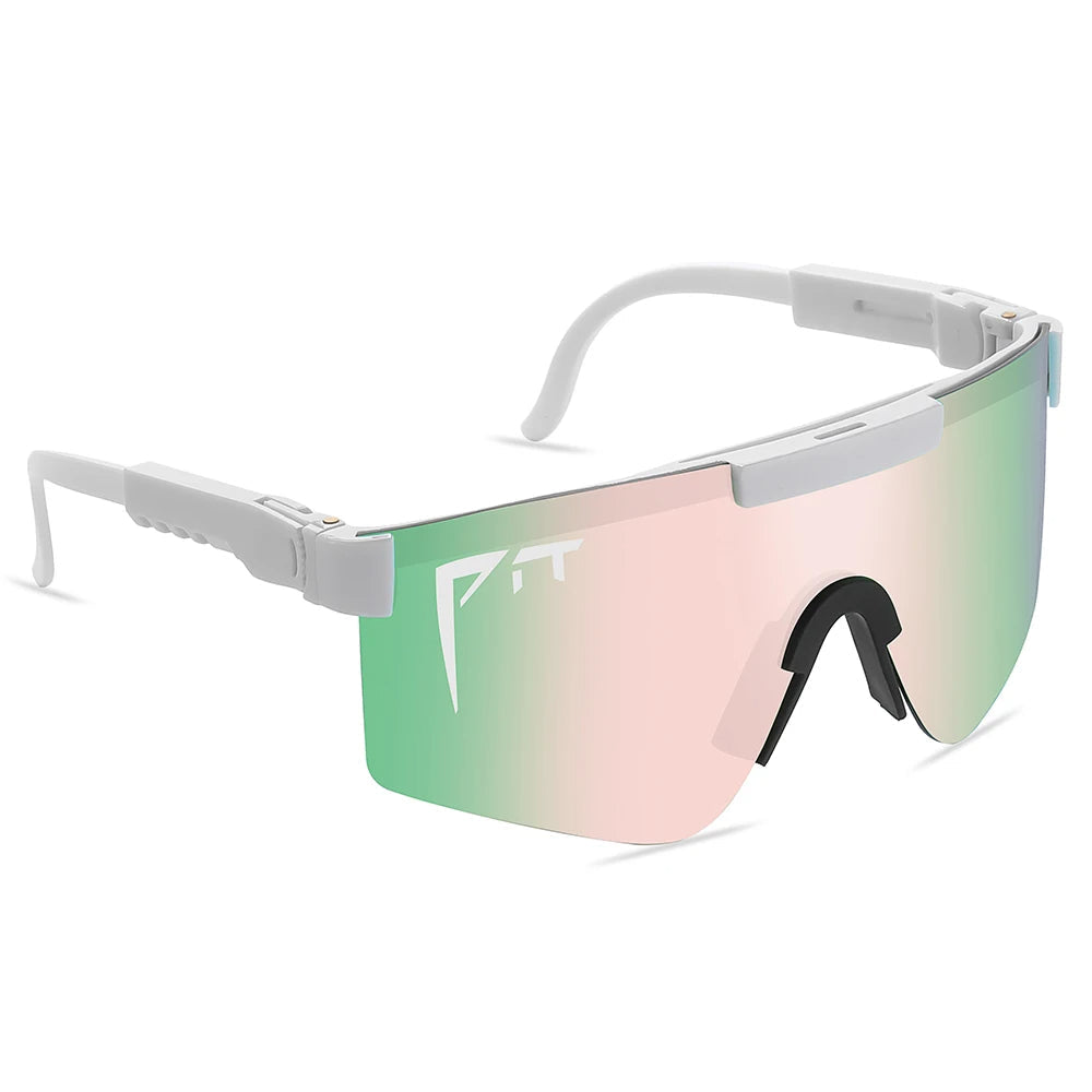 Pit Viper Sunglasses UV400, white frame, mirrored pink-green lenses, BikerZoneZ on Tampa Home & Garden Store