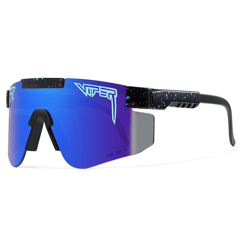 Pit Viper Sunglasses UV400 blue-purple mirrored shield lens with splatter-pattern frame on Tampa Home & Garden Store