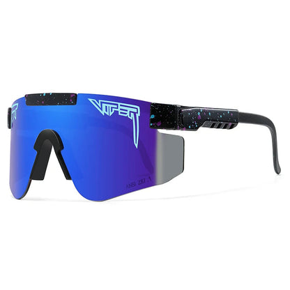 Pit Viper Sunglasses UV400 blue-purple mirrored shield lens with splatter-pattern frame on Tampa Home & Garden Store