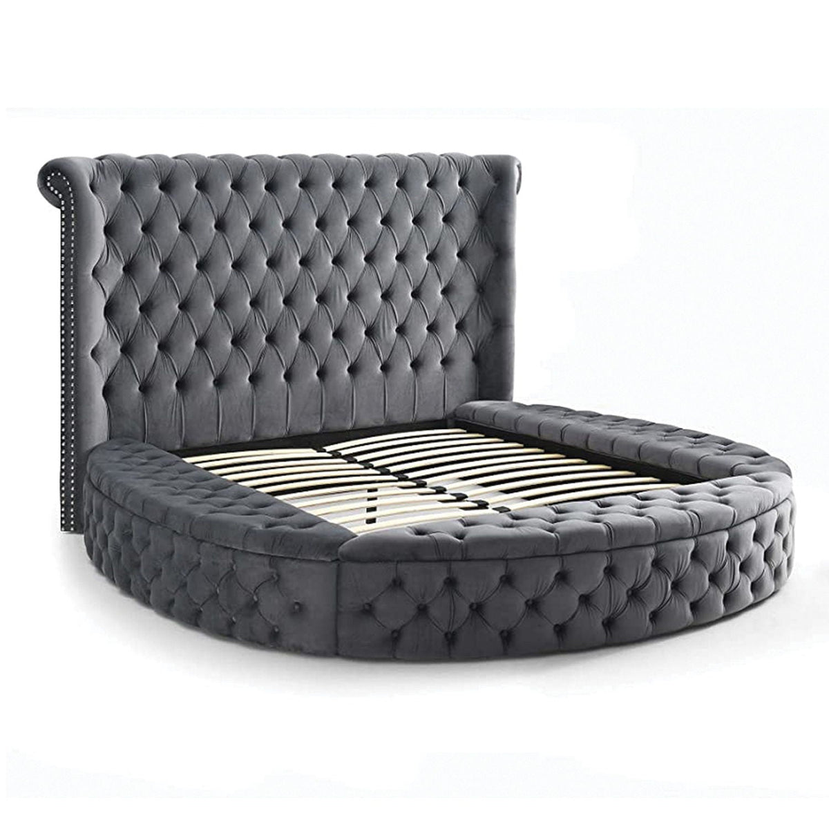 Hazel storage bed by HouseOfZazla in dark gray tufted upholstery with nailhead trim on Tampa Home & Garden Store