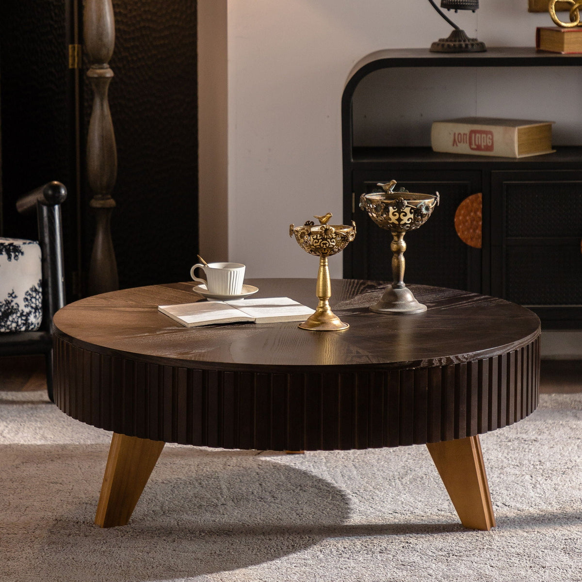 Round retro coffee table with solid wood legs in dark wood finish HouseOfZazla on Tampa Home & Garden Store