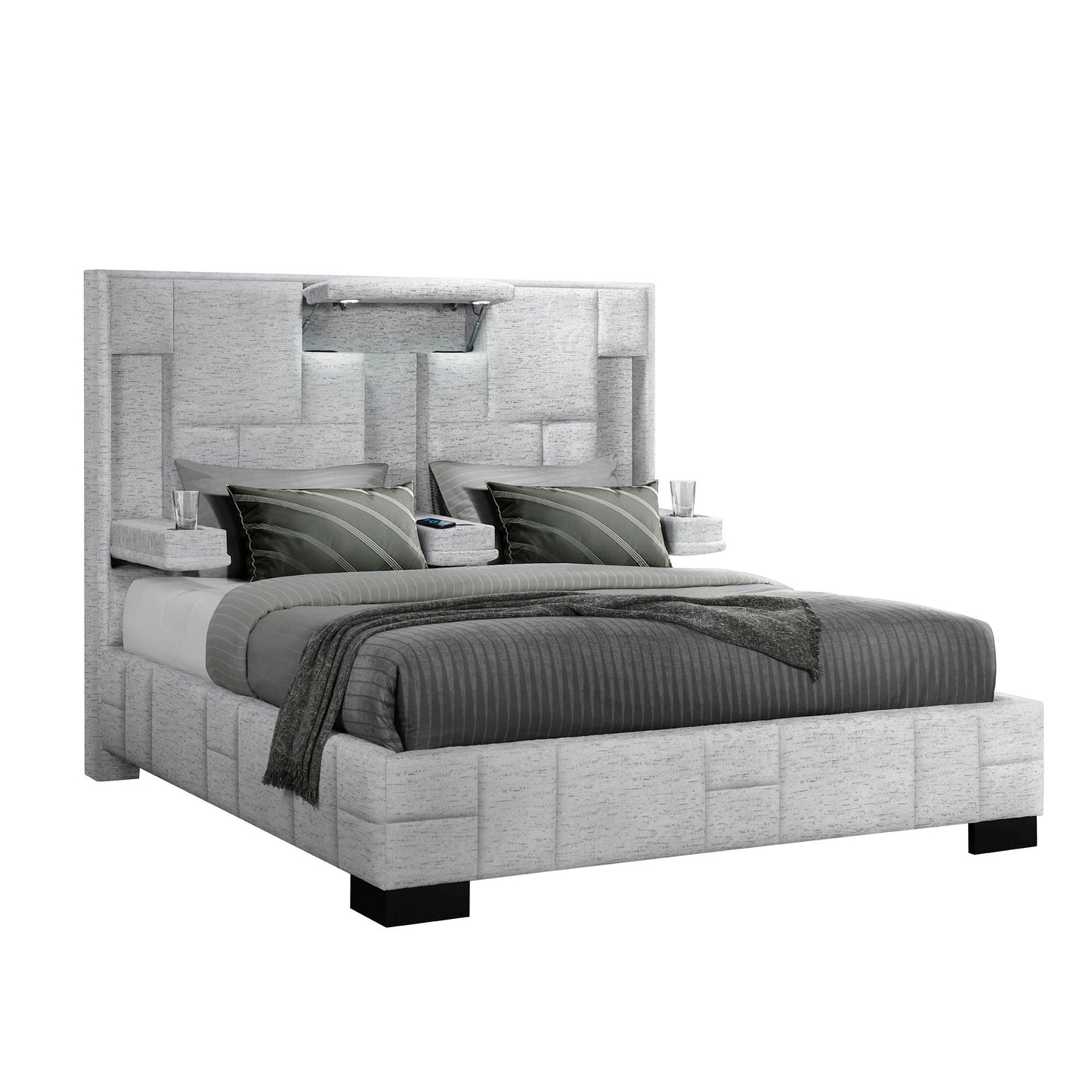 Yaris upholstered bed by HouseOfZazla in light gray fabric with paneled headboard and platform base on Tampa Home & Garden Store