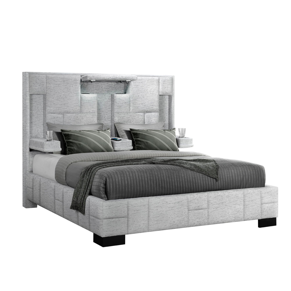 Yaris upholstered bed by HouseOfZazla in light gray fabric with paneled headboard and platform base on Tampa Home & Garden Store
