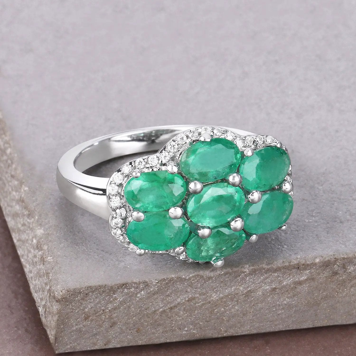 Ring, 3.33ct Zambian emerald cluster with white zircon halo in .925 sterling silver by Bids.com on Tampa Home & Garden Store