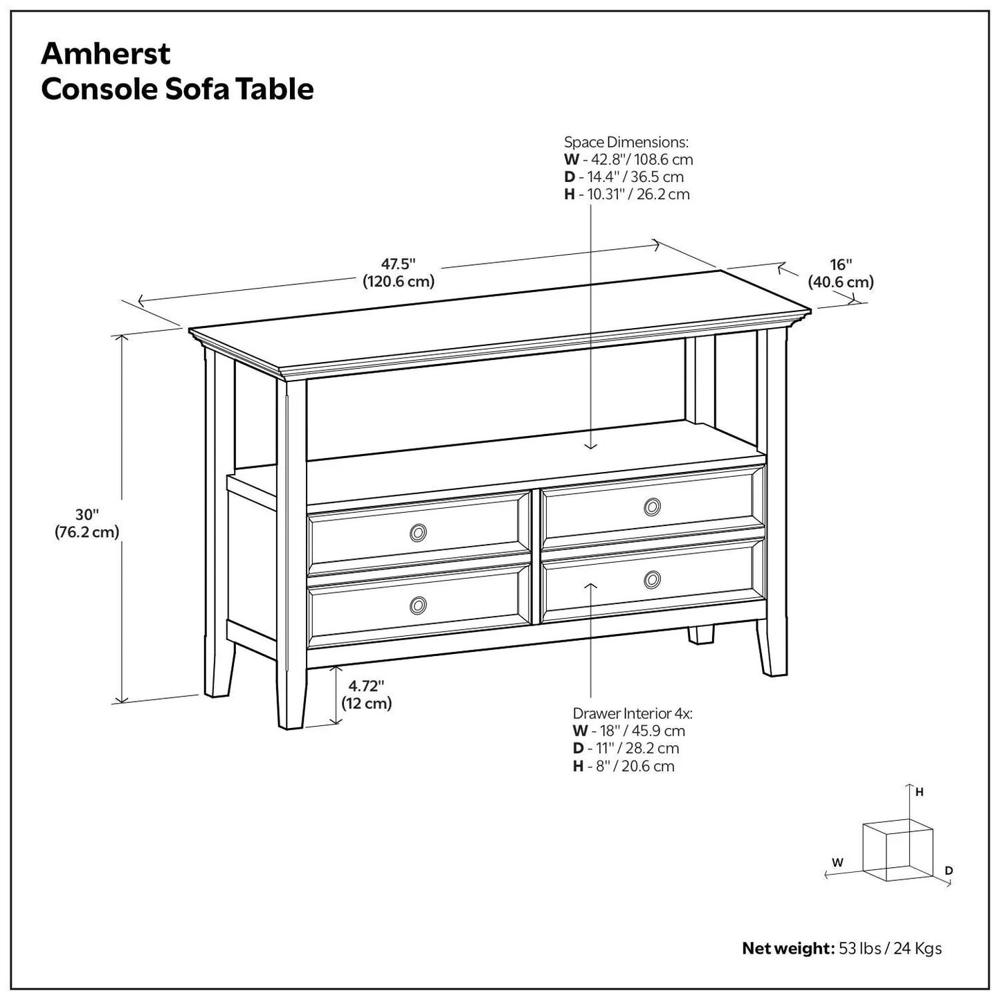 Amherst Console Sofa Table schematic with open shelf and four drawers by Unique Piece Furniture on Tampa Home & Garden Store