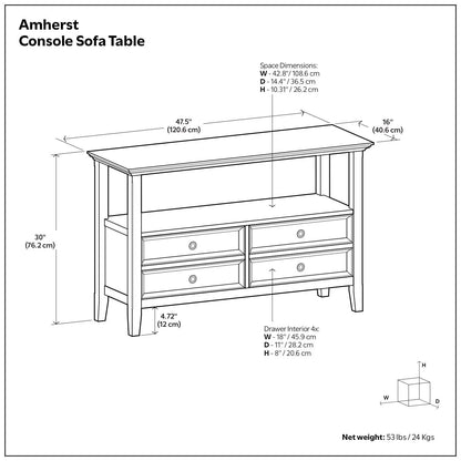 Amherst Console Sofa Table schematic with open shelf and four drawers by Unique Piece Furniture on Tampa Home & Garden Store