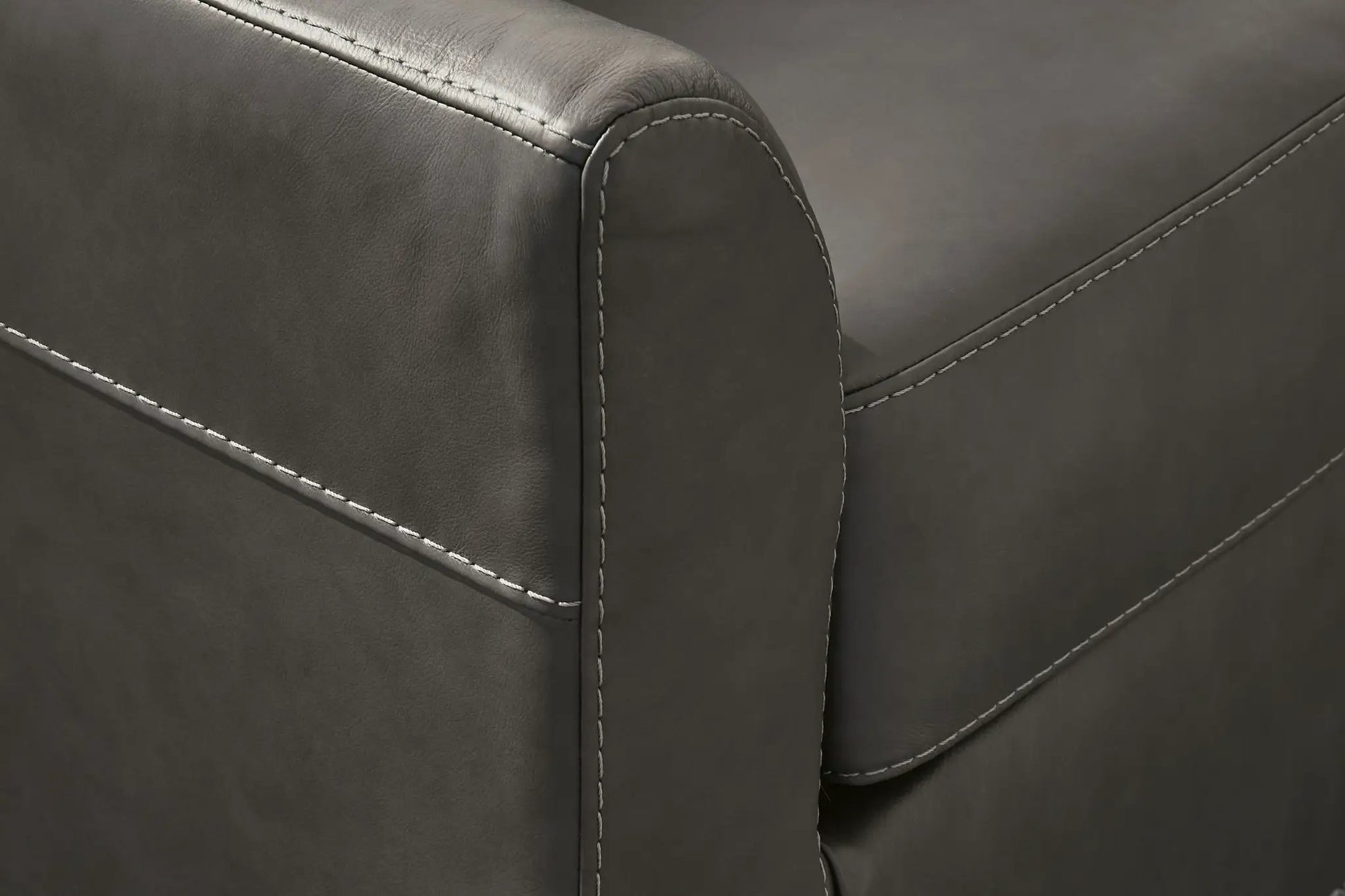 Valderno 2-Piece Sectional with Raf Corner Chaise Fog leather close-up of stitched arm on Tampa Home & Garden Store
