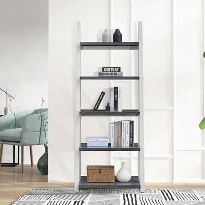 5-tier ladder shelf with rubber wood frame in grey white, holds vases and books on Tampa Home & Garden Store