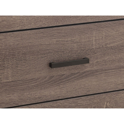 Geary slatted headboard panel brown wood grain finish with black rail accents on Tampa Home & Garden Store
