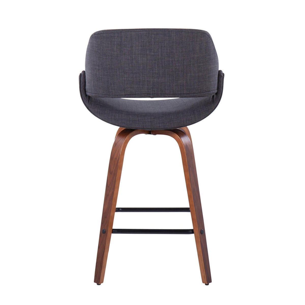 Fabrico mid-century modern counter stool back view, dark charcoal fabric, curved wooden legs on Tampa Home & Garden Store