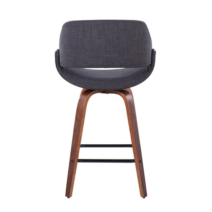Fabrico mid-century modern counter stool back view, dark charcoal fabric, curved wooden legs on Tampa Home & Garden Store