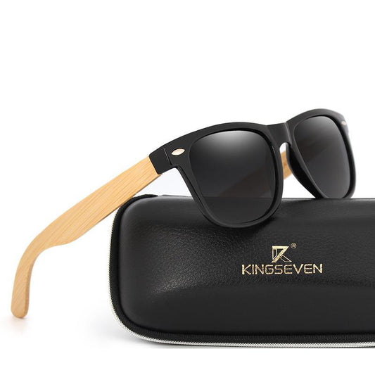 Wooden bamboo sunglasses with black frame and natural bamboo temples UV400 KINGSEVEN case on Tampa Home & Garden Store