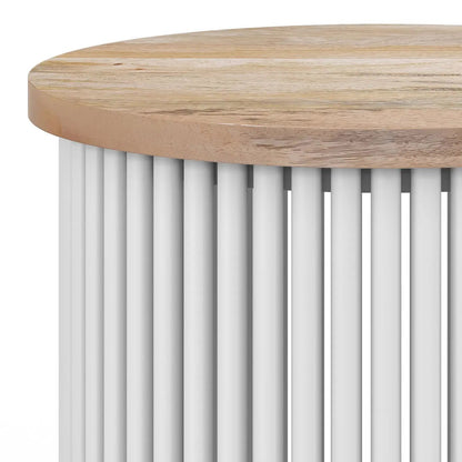 Demy Handcrafted Metal Accent Table, round oak top with white ribbed metal base on Tampa Home & Garden Store