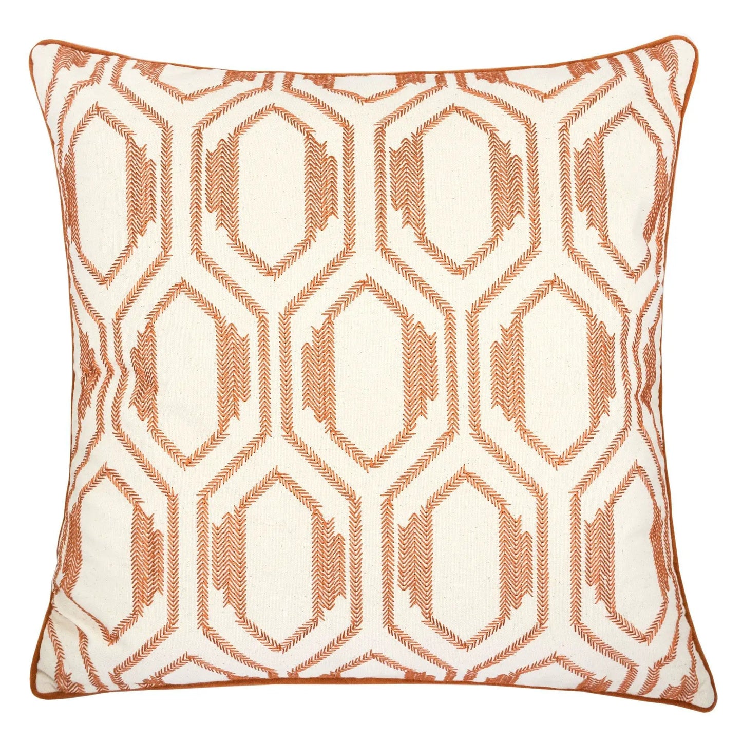 Geometric Embroidered Throw Pillow Rust Unique Piece Furniture with rust stitch piped edge on Tampa Home & Garden Store