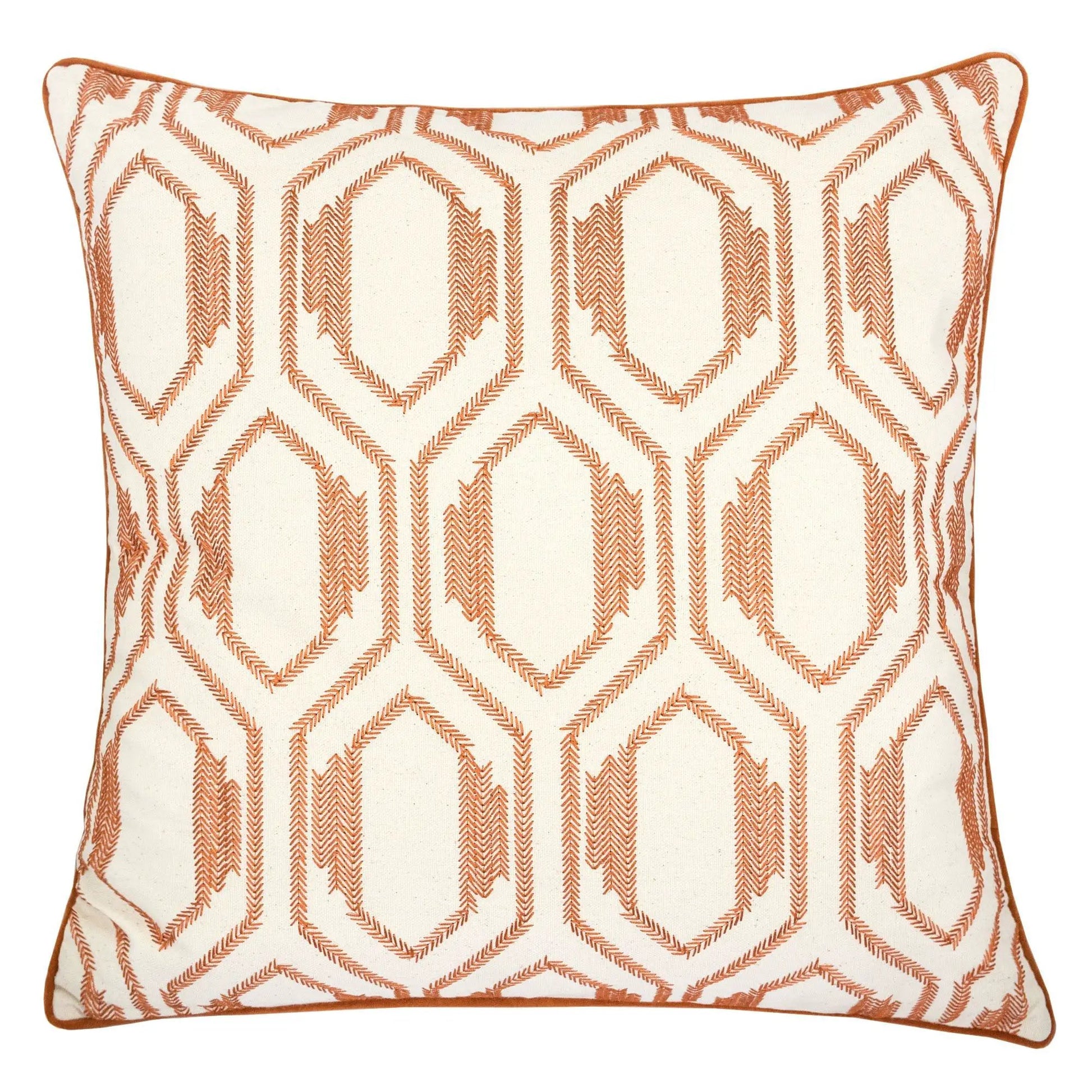 Geometric Embroidered Throw Pillow Rust Unique Piece Furniture with rust stitch piped edge on Tampa Home & Garden Store