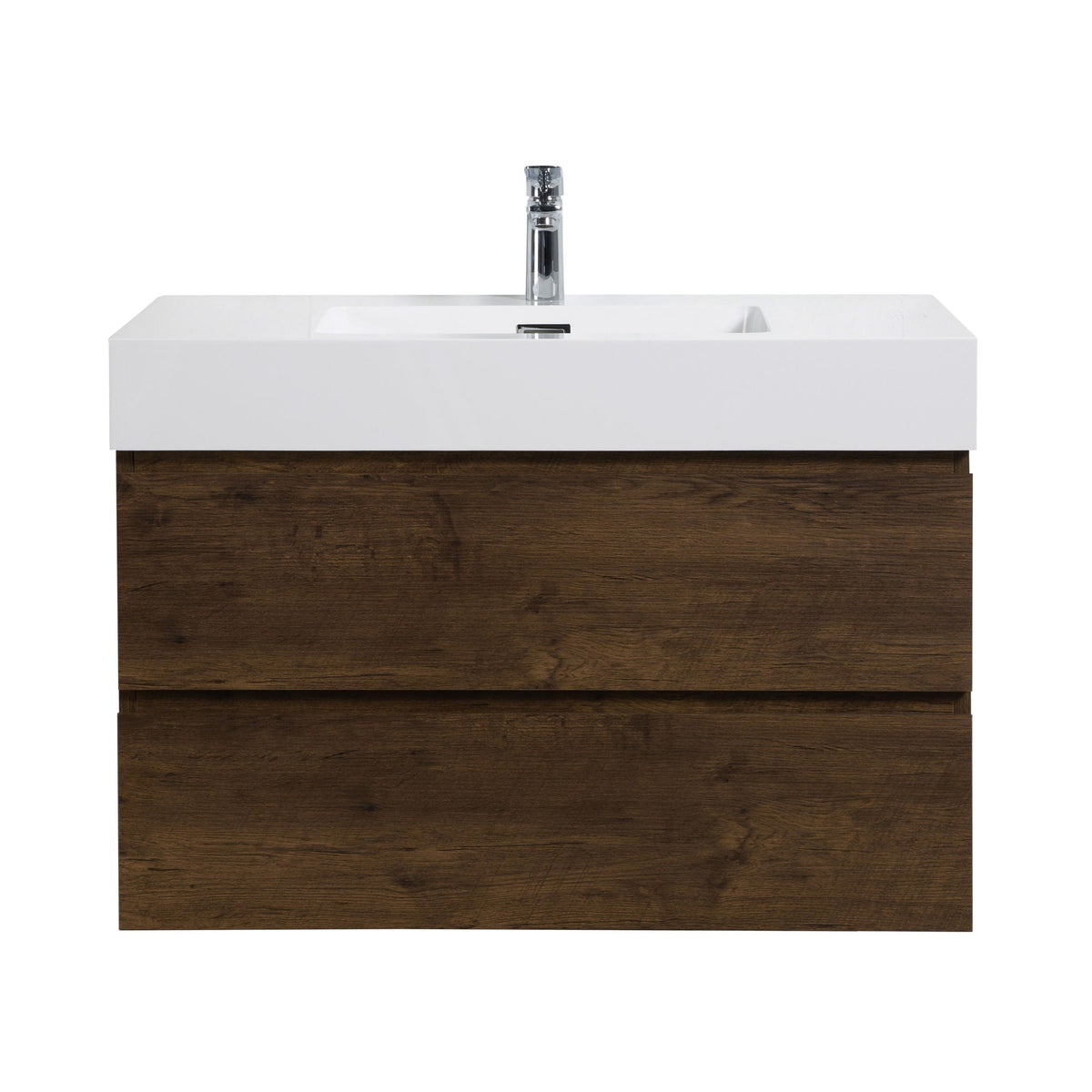 Alice wall-mounted vanity with integrated white sink and chrome faucet, dark wood base on Tampa Home & Garden Store