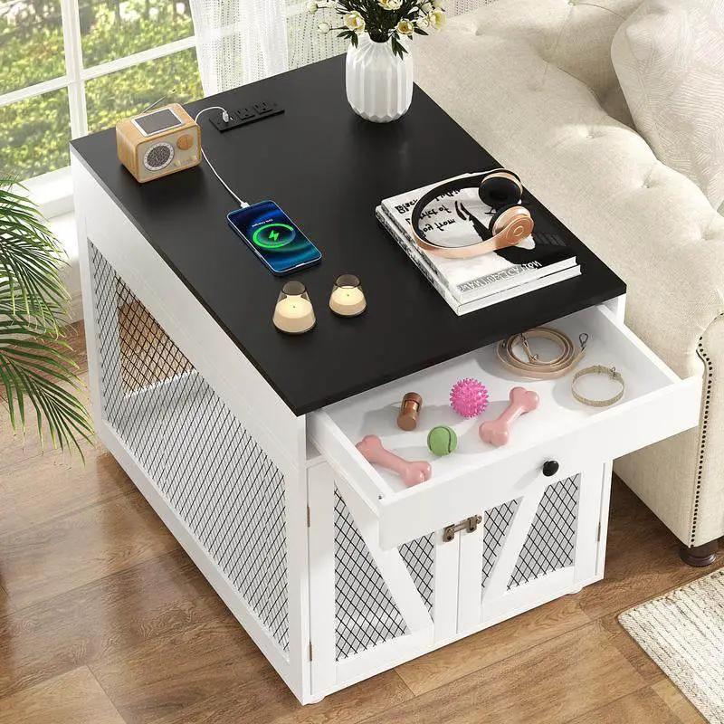 Dog Crate End Table with Drawer & USB Charging, white wood, black top The Max & Rex Collection on Tampa Home & Garden Store