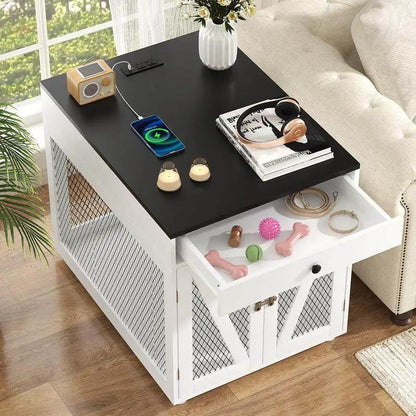 Dog Crate End Table with Drawer & USB Charging, white wood, black top The Max & Rex Collection on Tampa Home & Garden Store