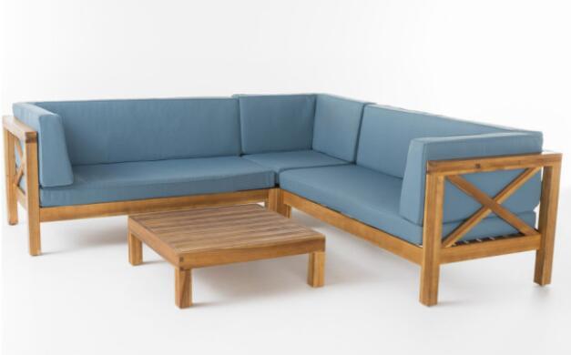 Brava X-Back 4-Piece Sofa Set blue cushions with wooden frame by HouseOfZazla on Tampa Home & Garden Store