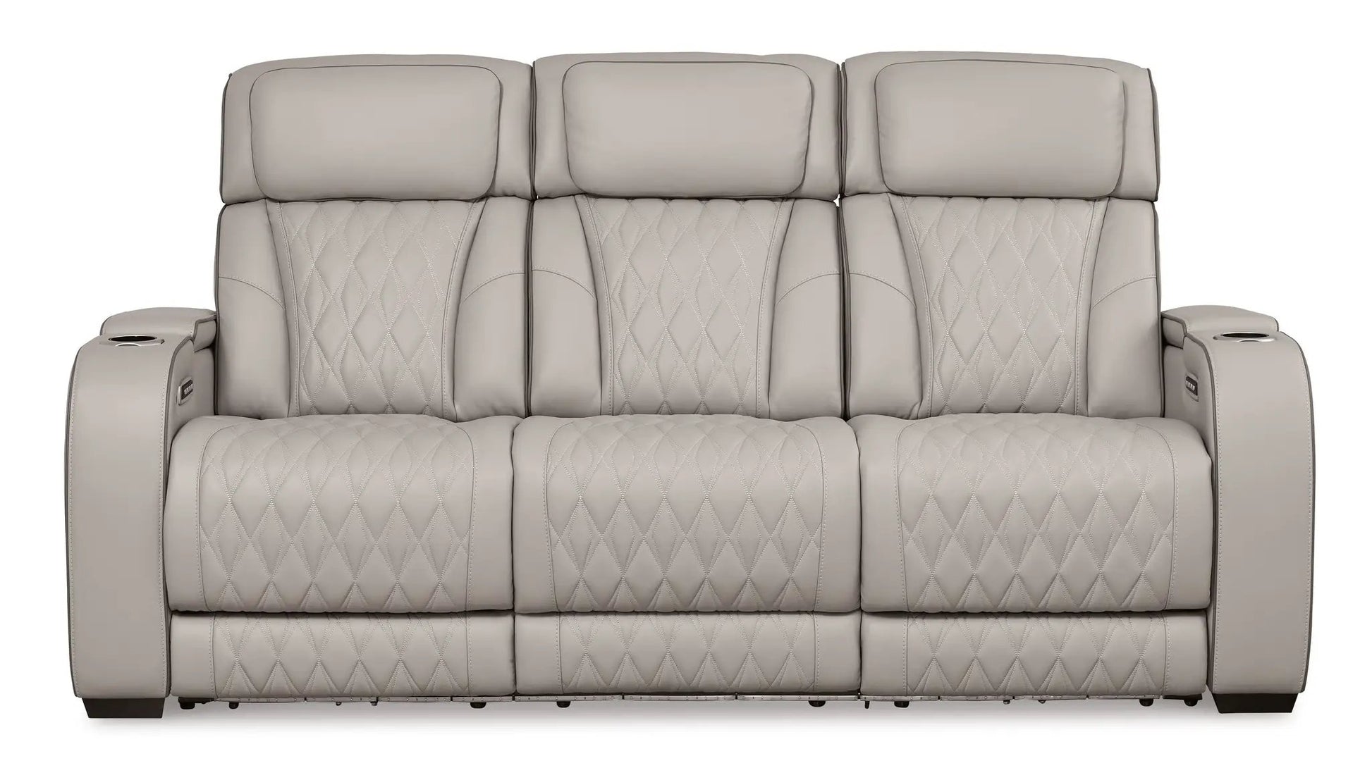 Boyington power reclining sofa with adj headrests, beige quilted leather, 3-seat cupholders on Tampa Home & Garden Store