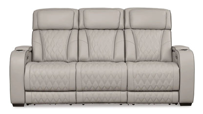 Boyington power reclining sofa with adj headrests, beige quilted leather, 3-seat cupholders on Tampa Home & Garden Store