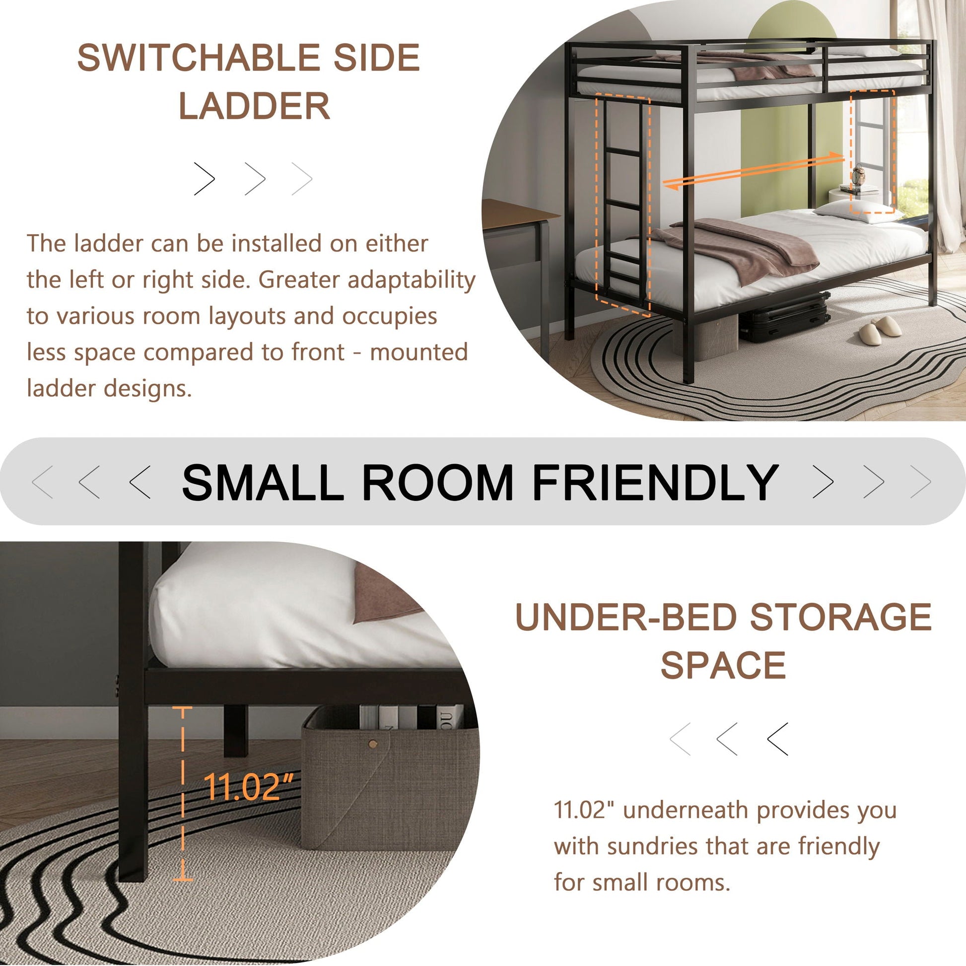Adam Twin Over Twin Bunk Bed Black metal by HouseOfZazla with switchable side ladder on Tampa Home & Garden Store