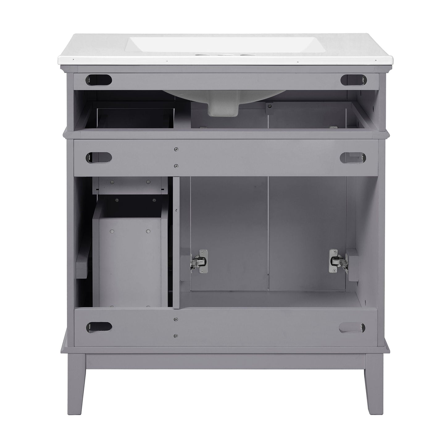 Modern gray bathroom vanity with white sink and open deep and standard drawers on Tampa Home & Garden Store
