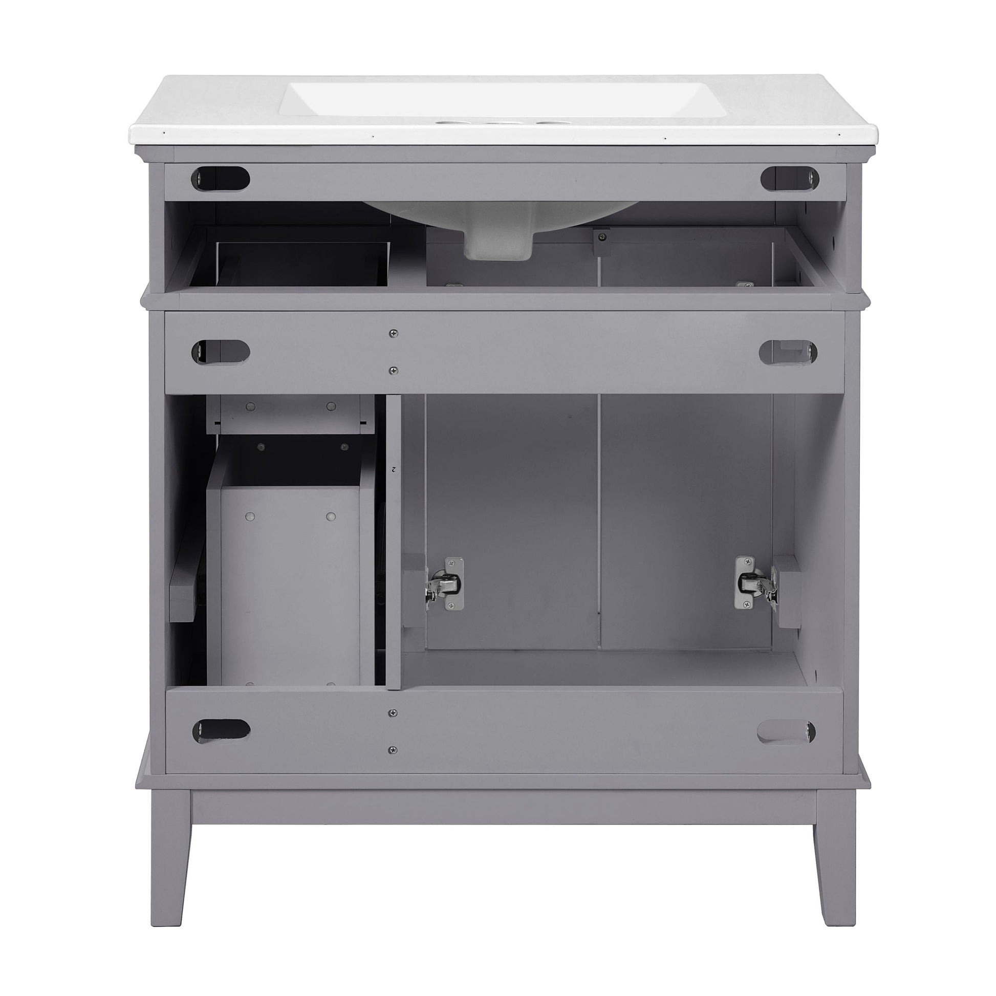 Modern gray bathroom vanity with white sink and open deep and standard drawers on Tampa Home & Garden Store