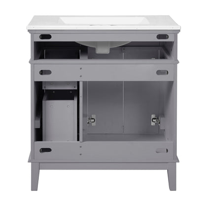 Modern gray bathroom vanity with white sink and open deep and standard drawers on Tampa Home & Garden Store