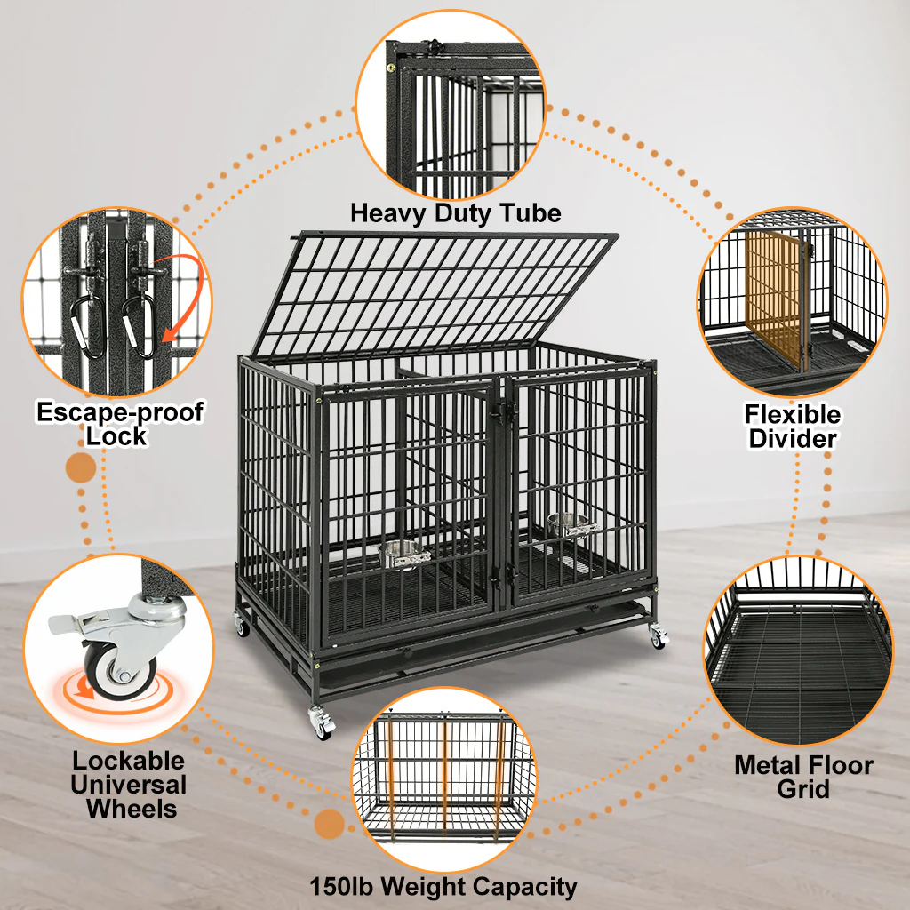 42-inch Stackable Dog Crate 43T+WHLP02, black heavy-duty steel crate with lockable wheels on Tampa Home & Garden Store