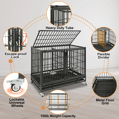 42-inch Stackable Dog Crate 43T+WHLP02, black heavy-duty steel crate with lockable wheels on Tampa Home & Garden Store