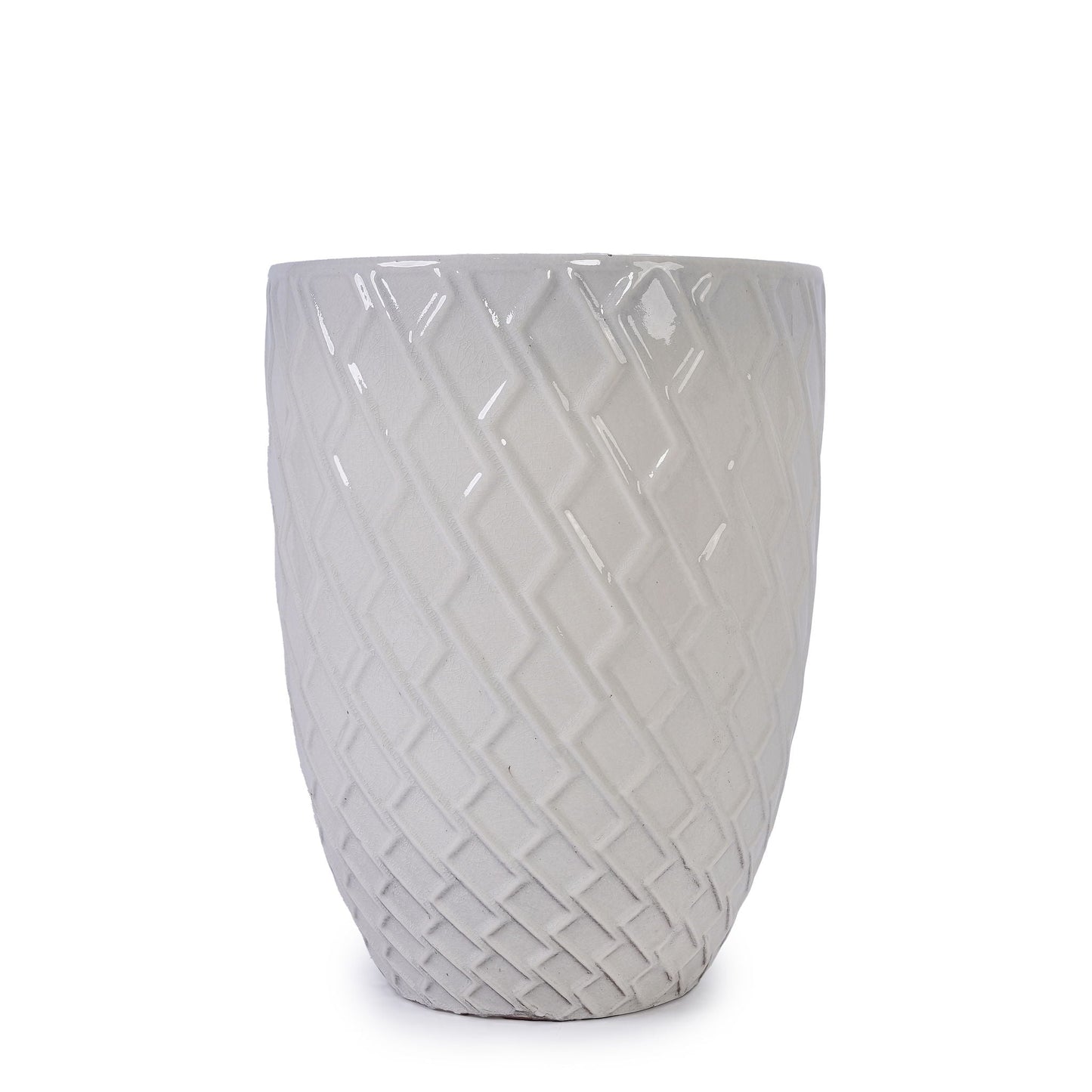 Ceramic flowerpot planter by HouseOfZazla in light gray with diagonal textured pattern on Tampa Home & Garden Store