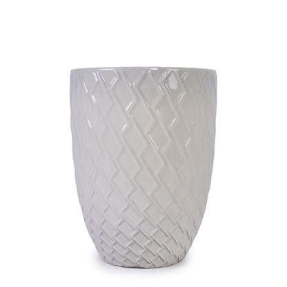 Ceramic flowerpot planter by HouseOfZazla in light gray with diagonal textured pattern on Tampa Home & Garden Store