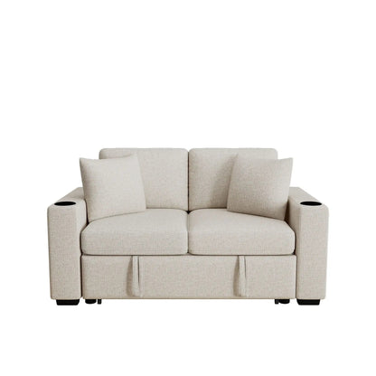 Beige fabric sleeper loveseat with built-in cup holders on each arm, modern 2-seat sofa on Tampa Home & Garden Store