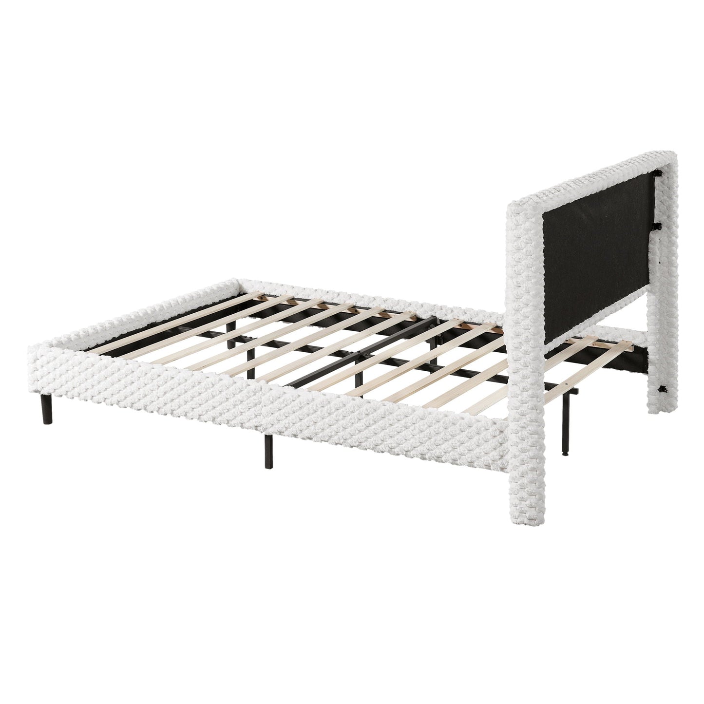 HouseOfZazla soft bed backrest frame in white boucle with black upholstered panels and wooden slat base on Tampa Home & Garden Store