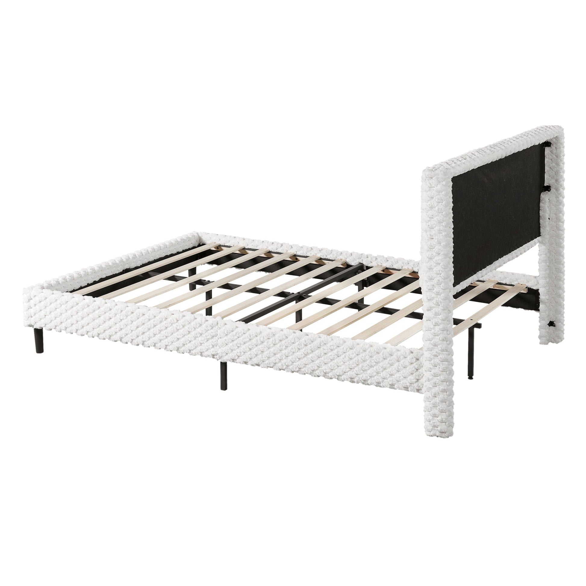 HouseOfZazla soft bed backrest frame in white boucle with black upholstered panels and wooden slat base on Tampa Home & Garden Store