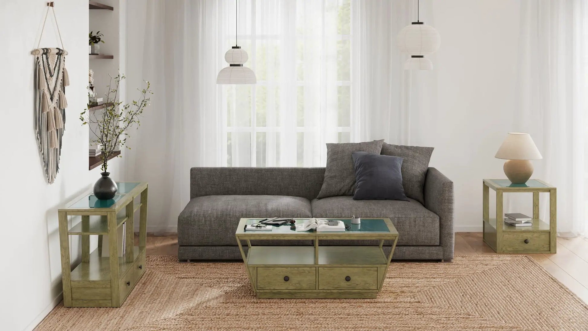 Elora demilune sofa tables trio walnut with glass tops and gold frames in living room on Tampa Home & Garden Store
