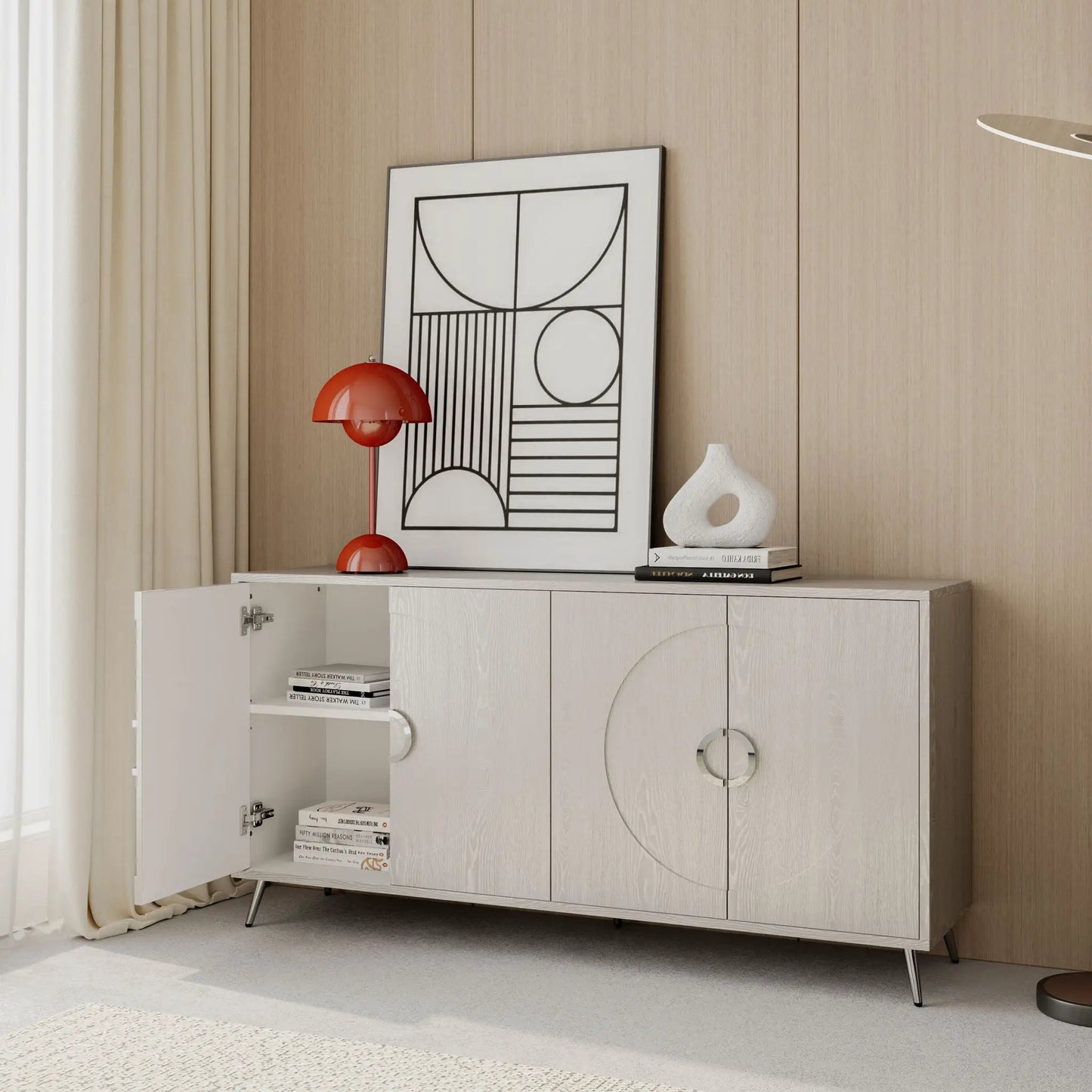 Modern lacquered 4-door wooden sideboard with light wood grain finish interior storage on Tampa Home & Garden Store