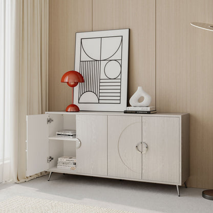 HouseOfZazla modern lacquered 4‑door sideboard in light oak with slim legs, styled with geometric art on Tampa Home & Garden Store