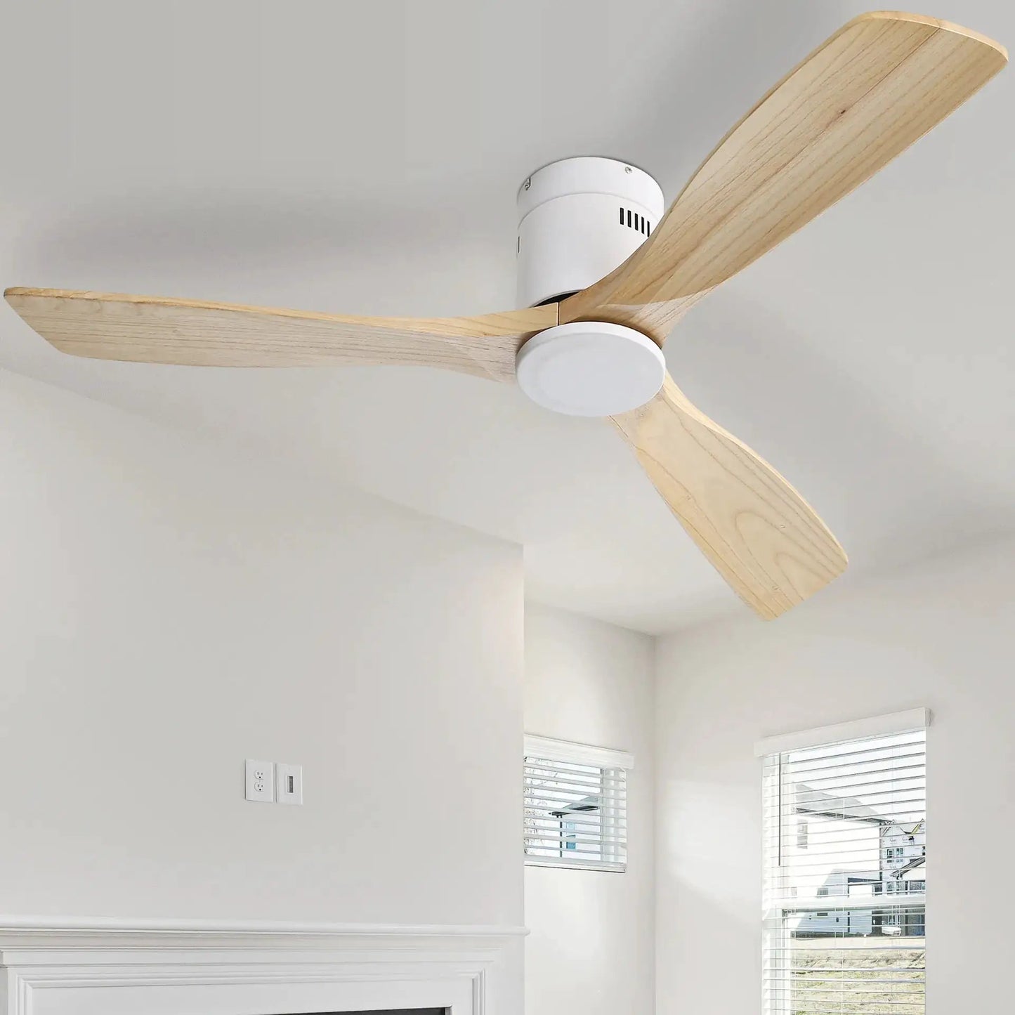 Low Profile Ceiling Fan DC with 3 wood blades and white motor housing, remote control on Tampa Home & Garden Store