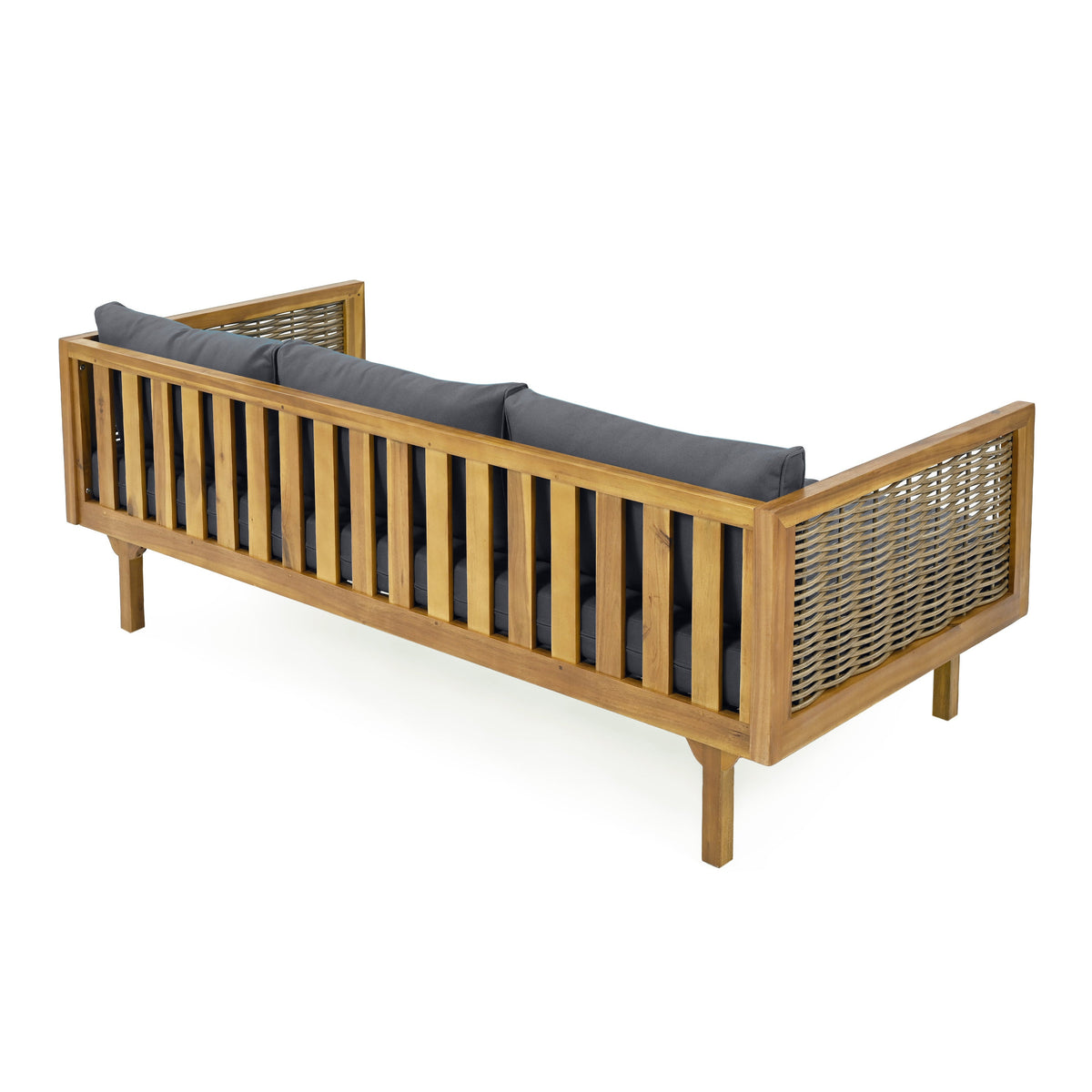 Claremont 3 Seater Daybed with Rattan Arms by HouseOfZazla, wooden frame with grey cushions on Tampa Home & Garden Store