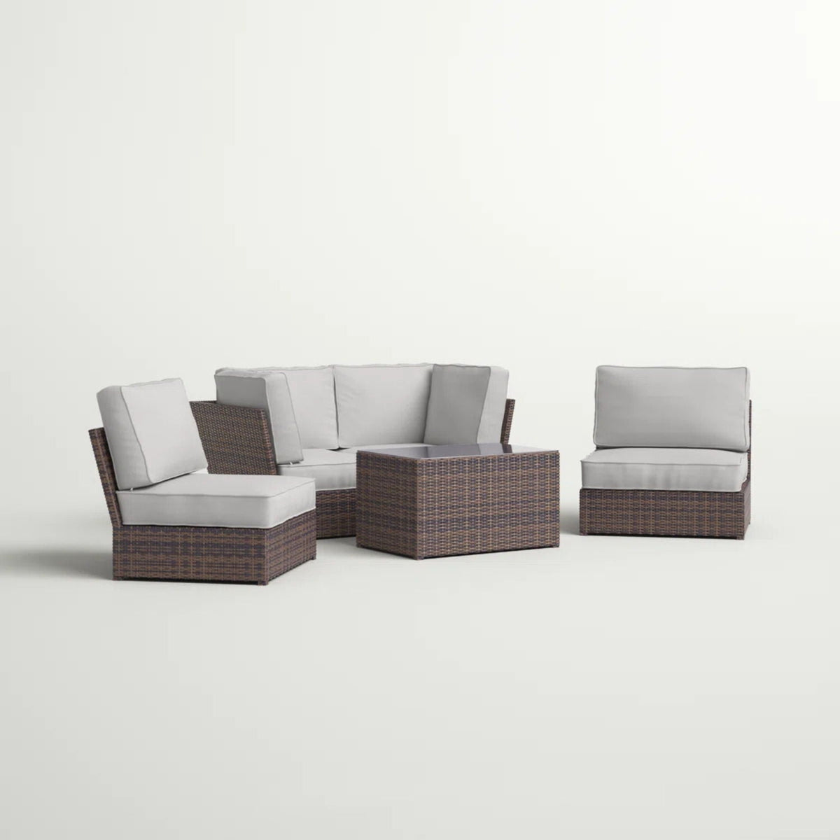 Rattan patio sectional sofa set with gray cushions and square coffee table in brown wicker on Tampa Home & Garden Store